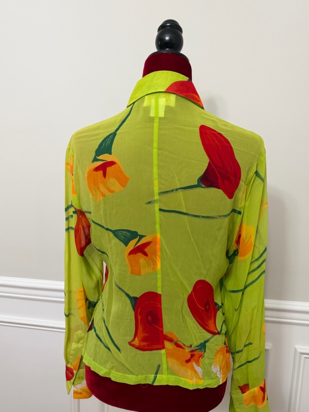 Vintage Caché 100% Silk Blouse M Lime Green Orange Poppy Floral Sheer Y2K 90s - Picture 2 of 8